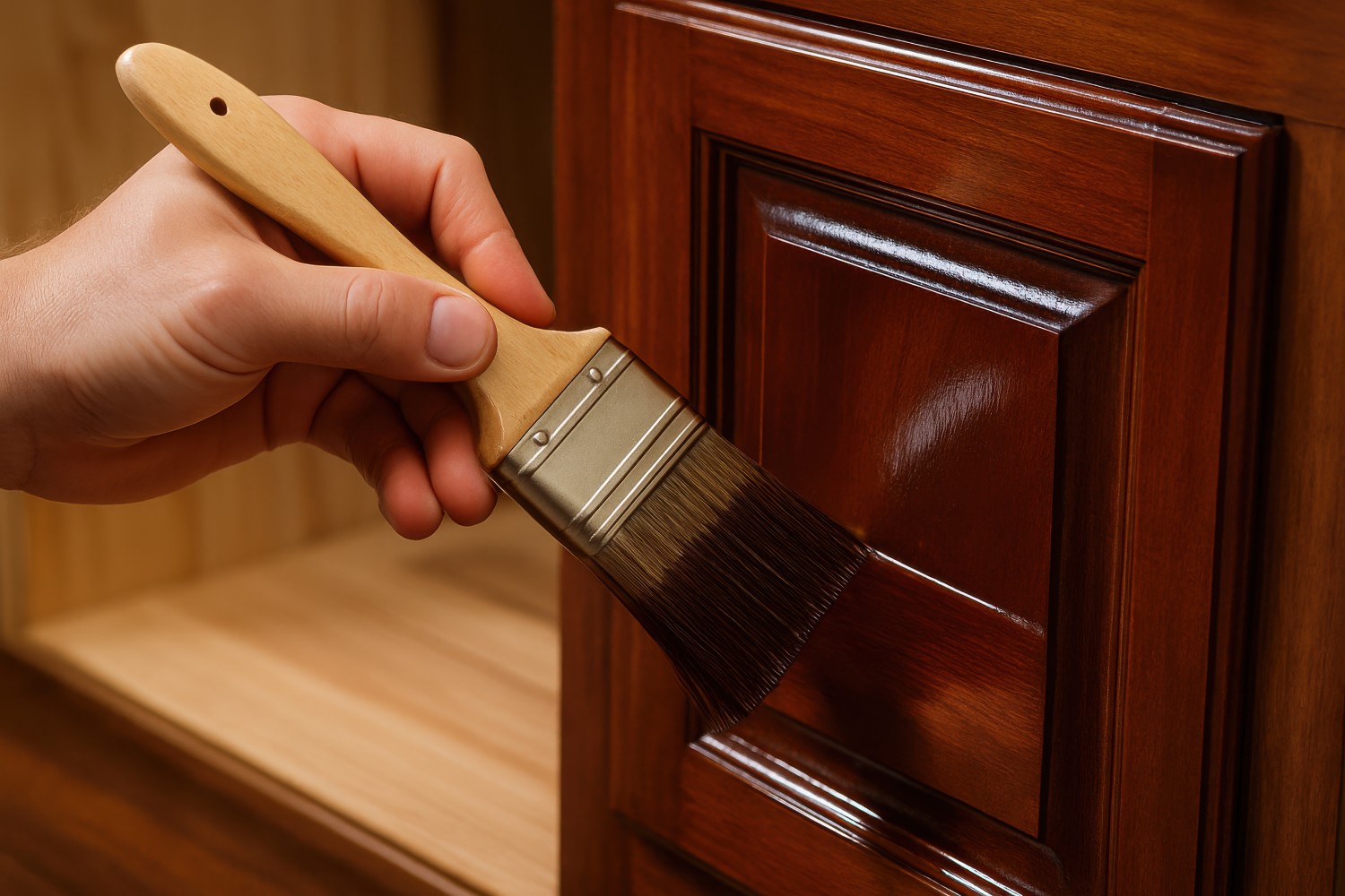 Close-up of a hand brushing varnish onto a wooden surface, refinishing cabinetry to restore its smooth, polished look.