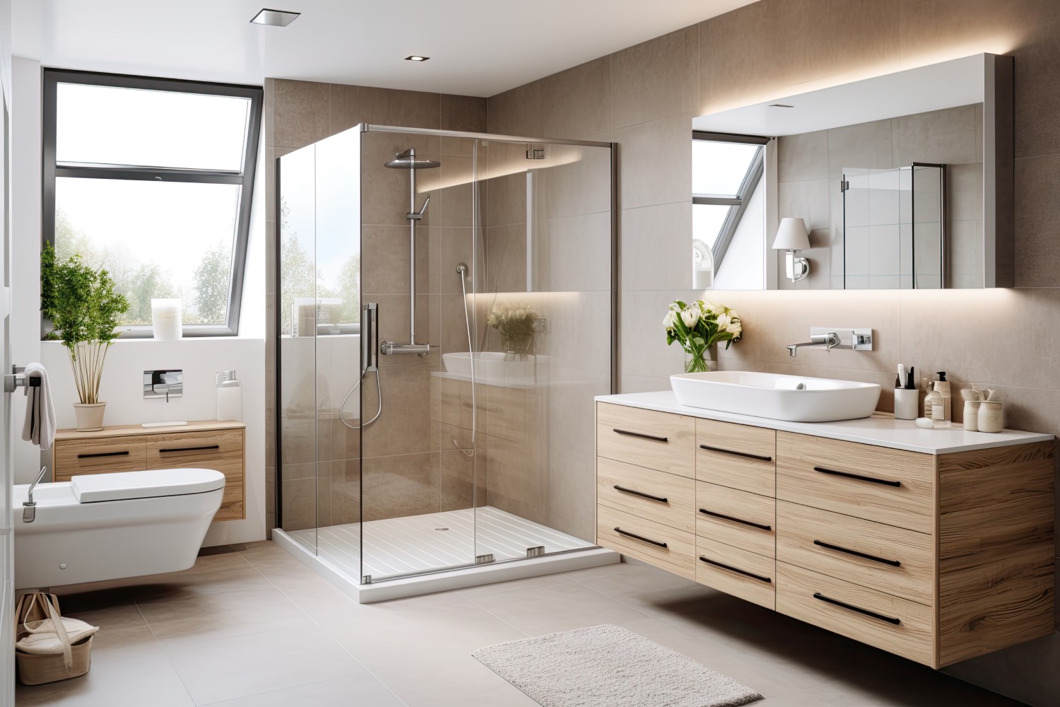 Modern bathroom with a glass-enclosed shower, wooden vanity, and vessel sink. Soft lighting and a potted plant add warmth and elegance.