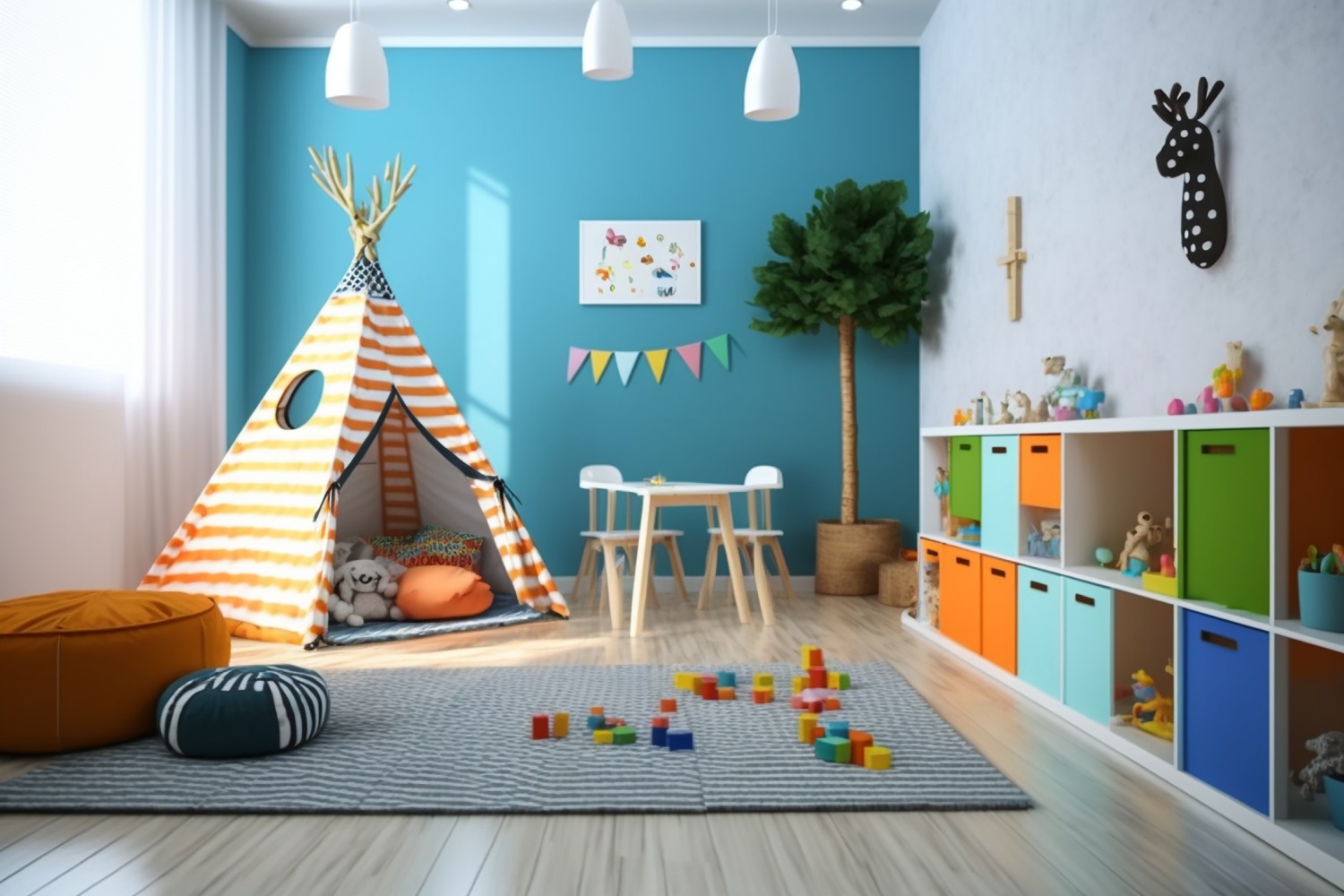 Colorful children’s playroom featuring a striped teepee tent, blue accent wall, toy storage cubbies, and a cozy, playful atmosphere.