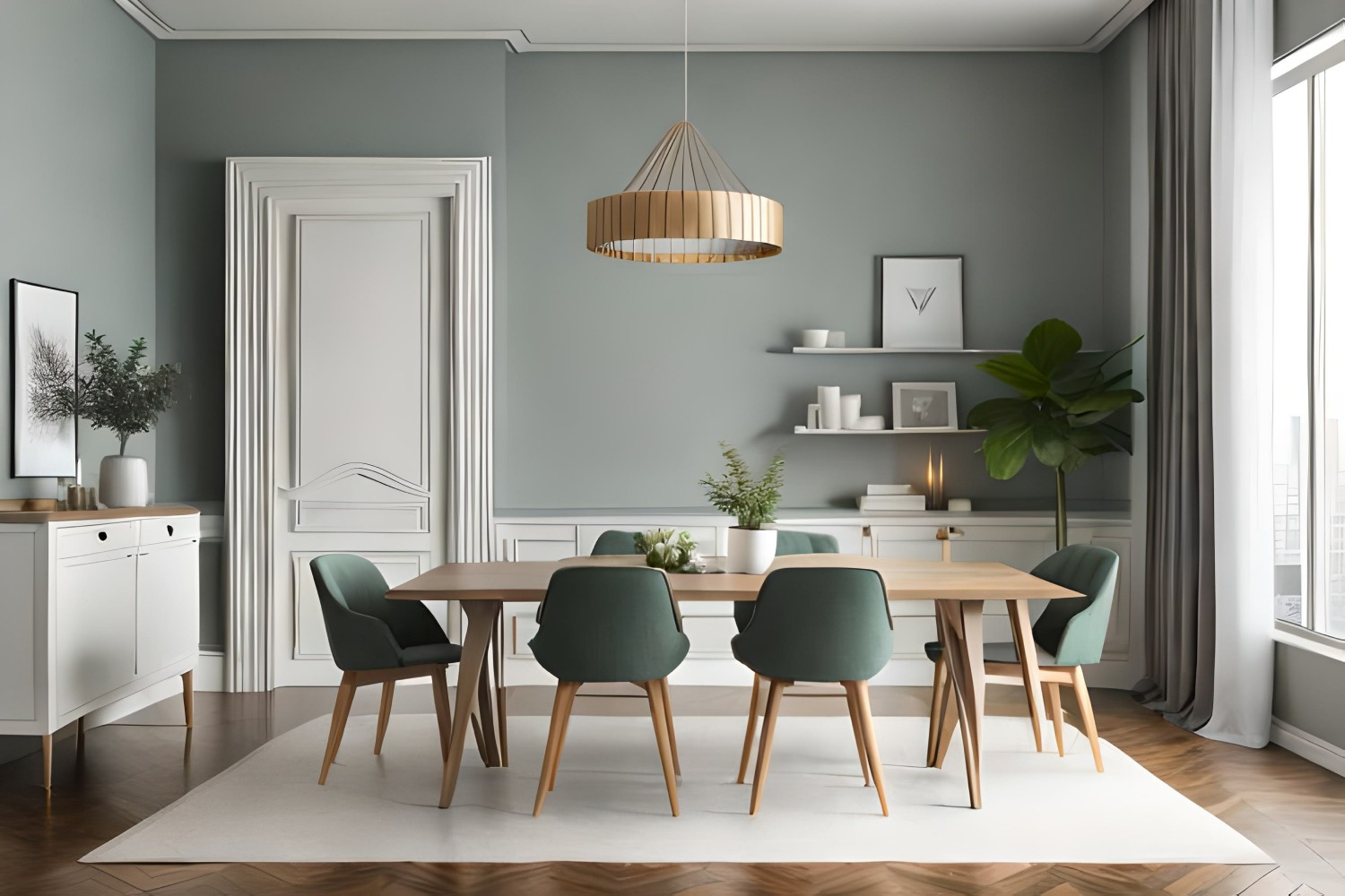 Contemporary dining room with soft green walls, modern wooden furniture, and minimalist decor complemented by natural light.