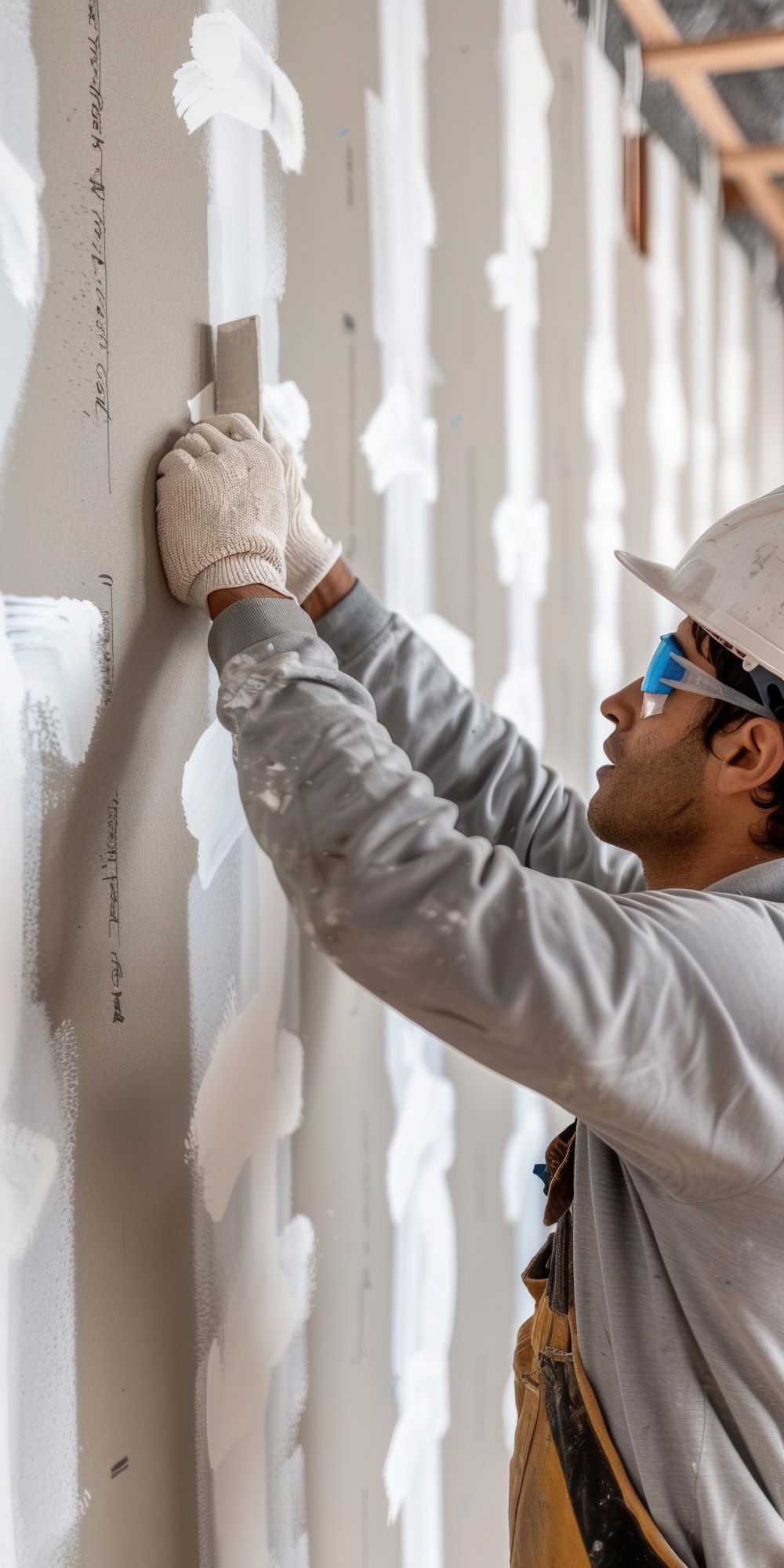 A construction worker in gloves and safety gear smooths a wall with drywall compound, showing focus and precision in a bright indoor setting.