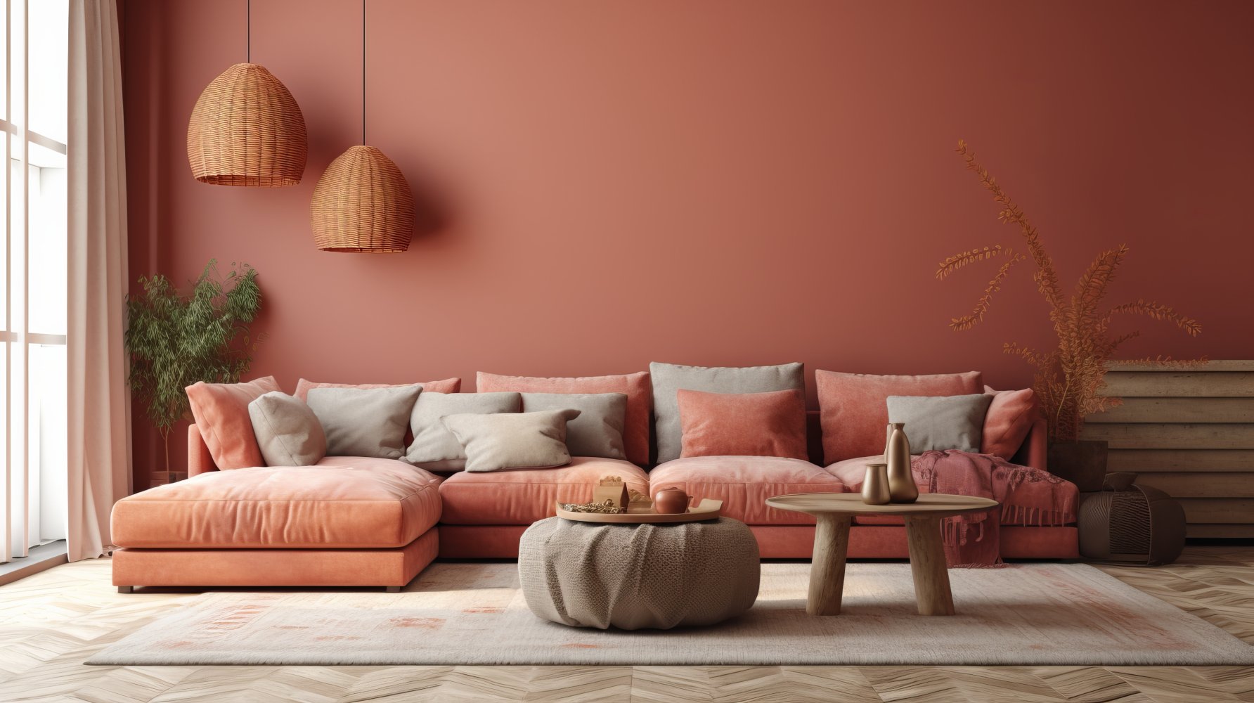 A cozy living room featuring vibrant orange walls and a comfortable sofa, creating a warm and inviting atmosphere.