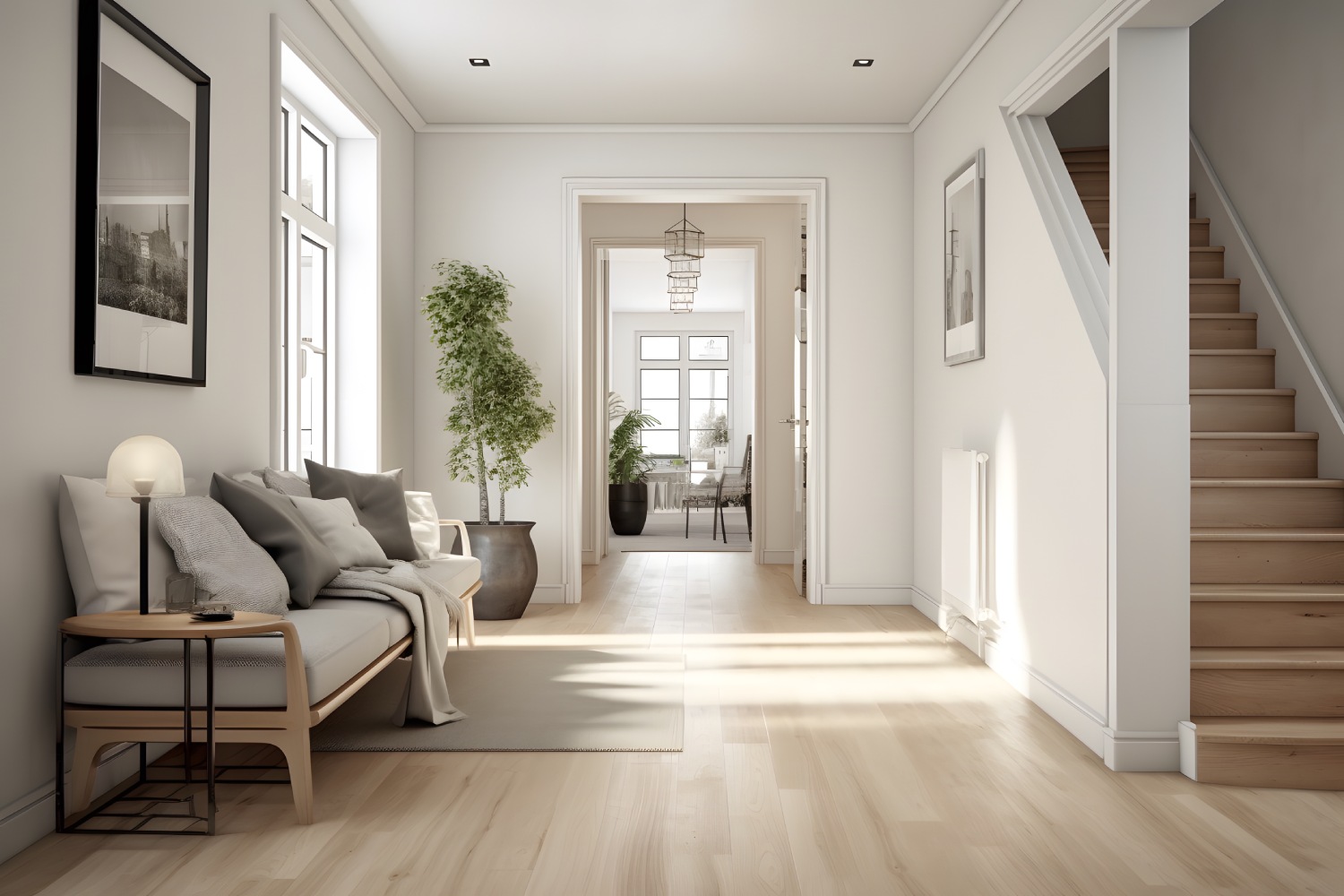 hallway scene with a wooden table and a white couch, showcasing a blend of elegance and comfort.