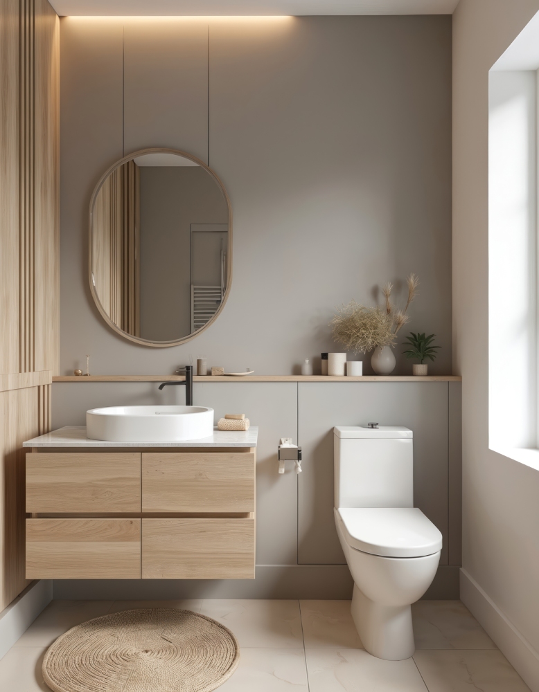 A modern bathroom featuring wooden cabinets and a white toilet, showcasing a clean and stylish design.