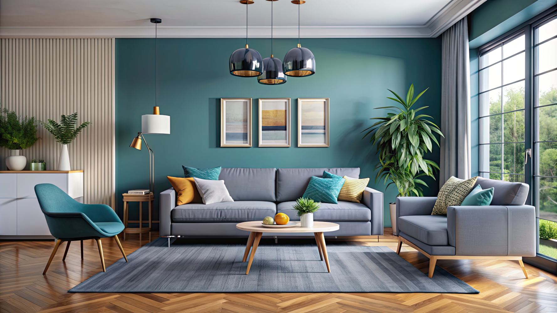 A living room featuring blue walls and green furniture, creating a vibrant and inviting atmosphere.