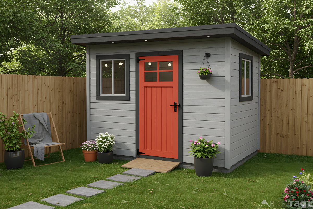 A small garden shed featuring a bright red door, surrounded by greenery.